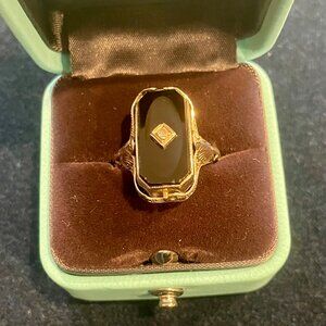 RARE FIND Art Deco Flip Ring Black Onyx White Gold with Diamond: size 8